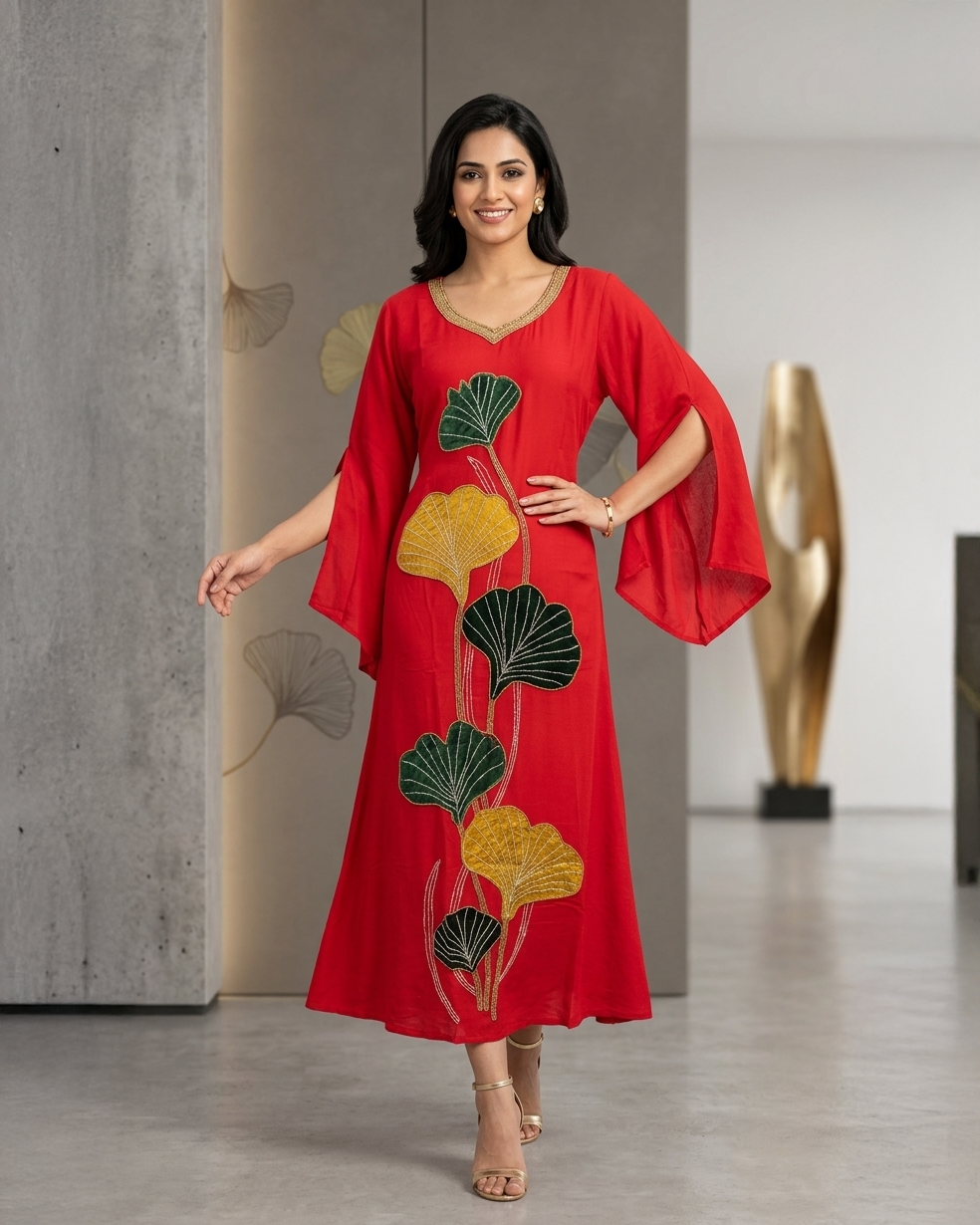 Red Wrinkle Rayon Beadwork Applique Maxi Gown