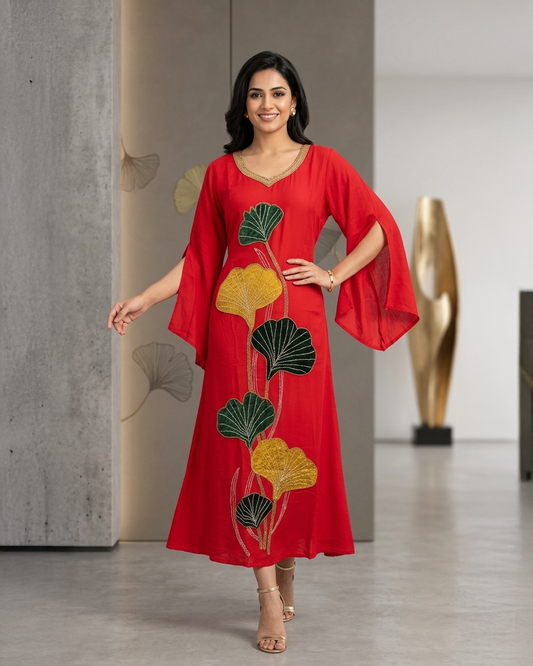 Red Wrinkle Rayon Beadwork Applique Maxi Gown