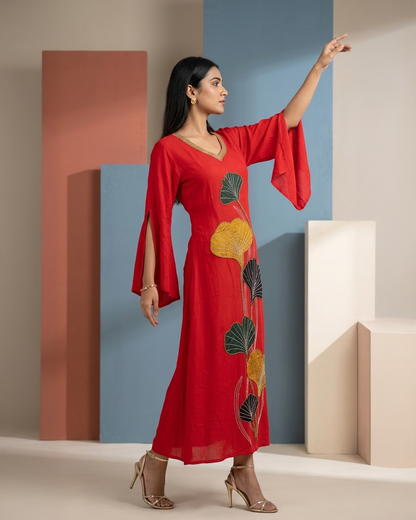 Red Wrinkle Rayon Beadwork Applique Maxi Gown