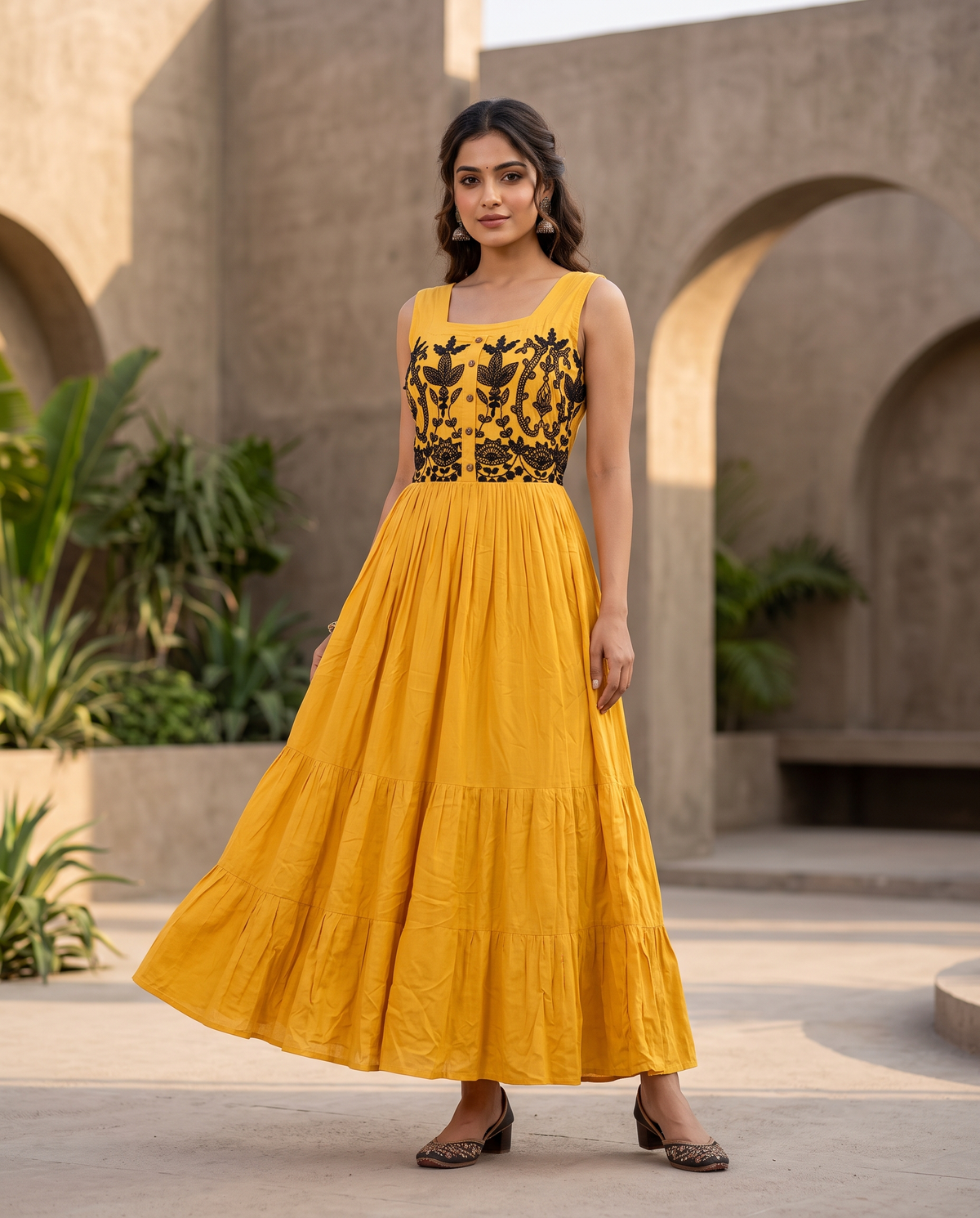 Yellow Wrinkle Rayon Aari Work Embroidered Tiered Maxi Gown