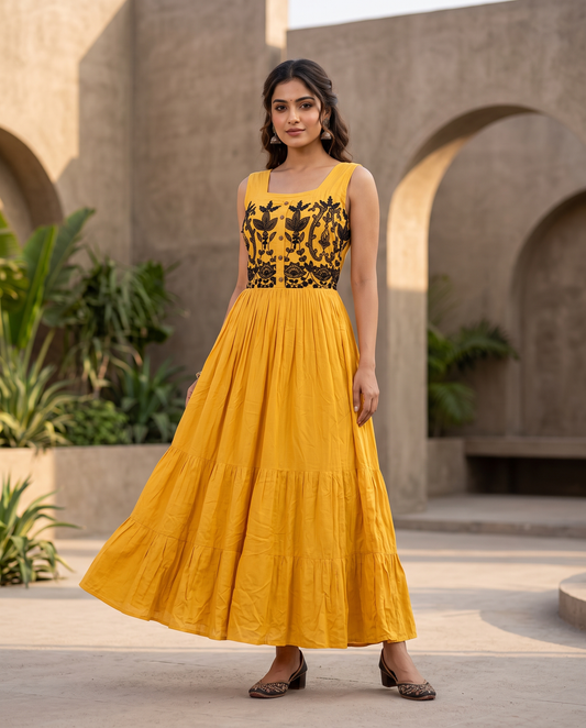 Yellow Wrinkle Rayon Aari Work Embroidered Tiered Maxi Gown