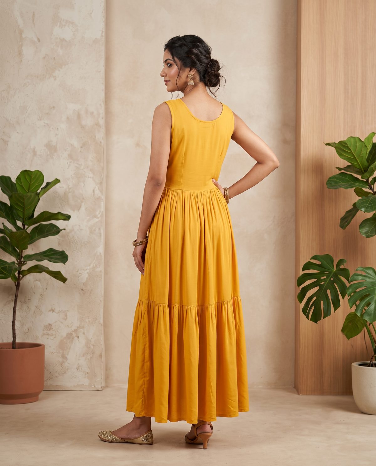 Yellow Wrinkle Rayon Aari Work Embroidered Tiered Maxi Gown