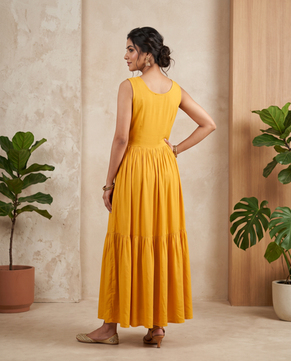 Yellow Wrinkle Rayon Aari Work Embroidered Tiered Maxi Gown
