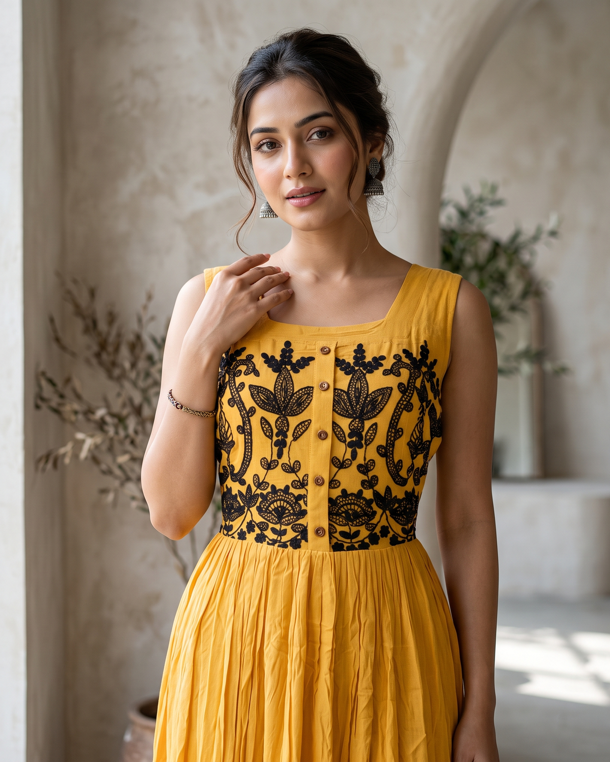Yellow Wrinkle Rayon Aari Work Embroidered Tiered Maxi Gown