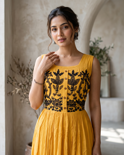 Yellow Wrinkle Rayon Aari Work Embroidered Tiered Maxi Gown