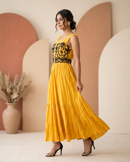 Yellow Wrinkle Rayon Aari Work Embroidered Tiered Maxi Gown