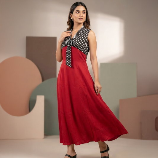 Bobby Polka Dot Tie-Neck Maxi Dress