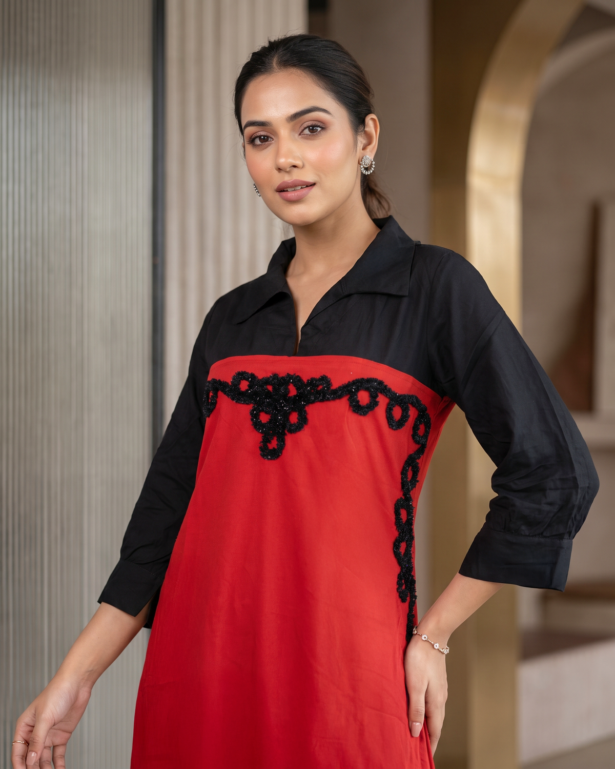 Color Block Rayon Collared Embroidered Maxi Shirt Dress