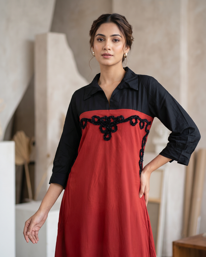 Color Block Rayon Collared Embroidered Maxi Shirt Dress