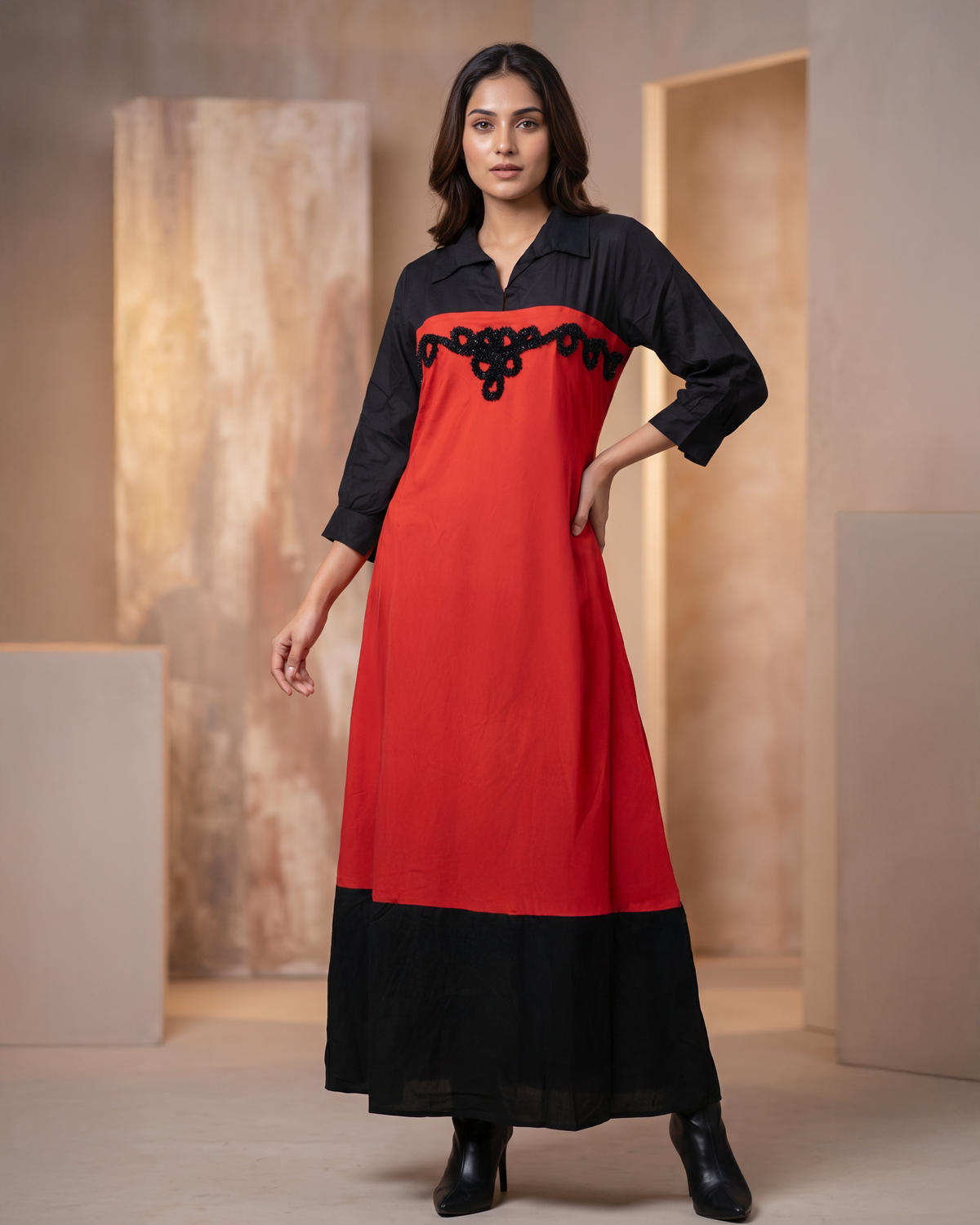 Color Block Rayon Collared Embroidered Maxi Shirt Dress
