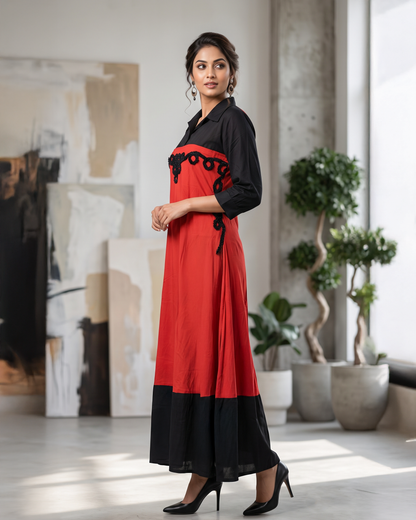 Color Block Rayon Collared Embroidered Maxi Shirt Dress