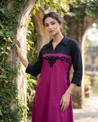 Color Block Rayon Collared Embroidered Maxi Shirt Dress