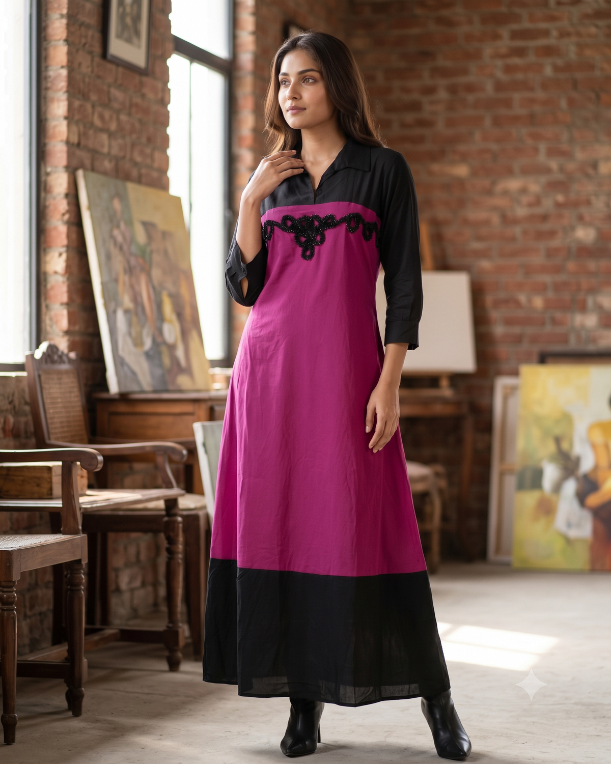 Color Block Rayon Collared Embroidered Maxi Shirt Dress