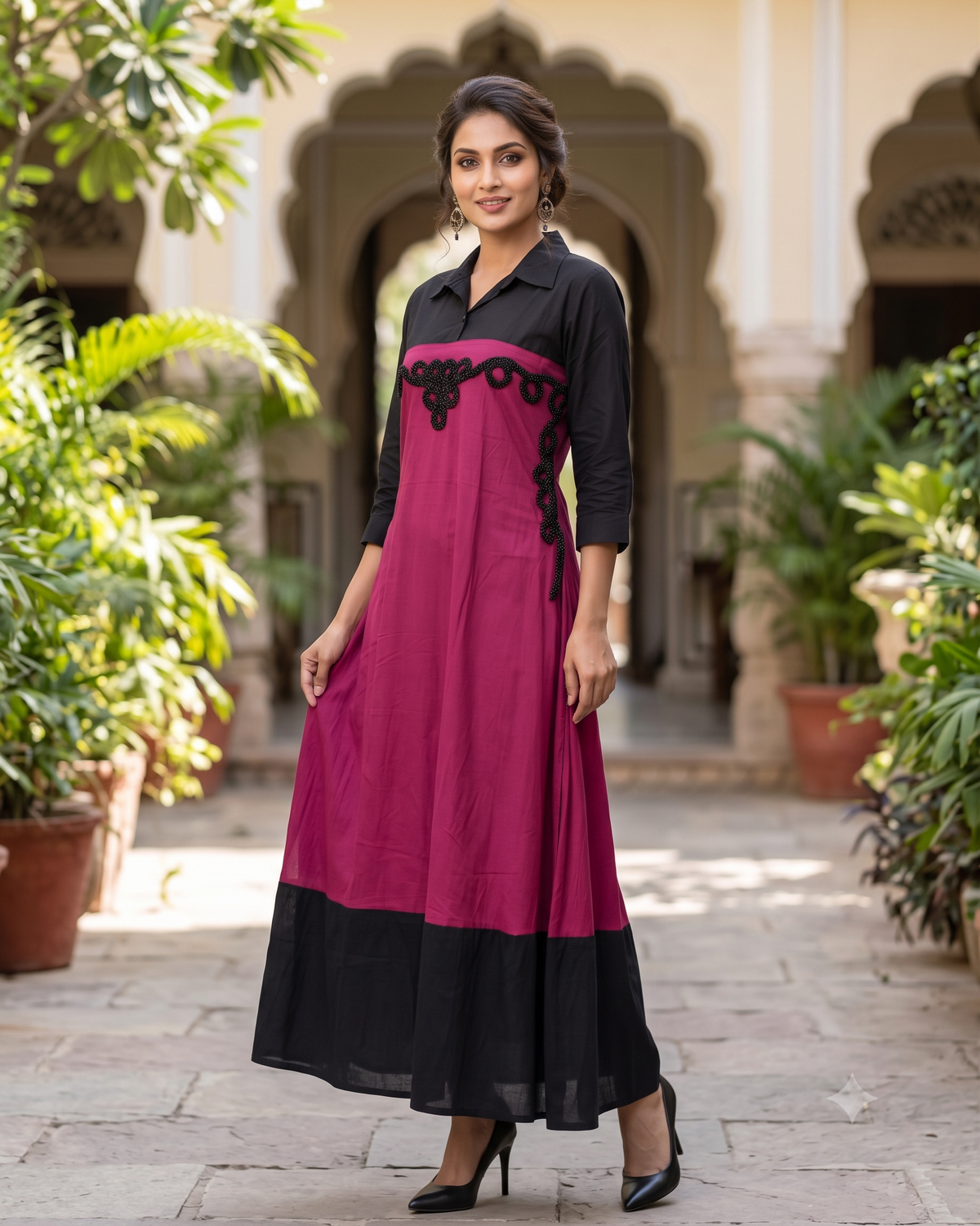 Color Block Rayon Collared Embroidered Maxi Shirt Dress