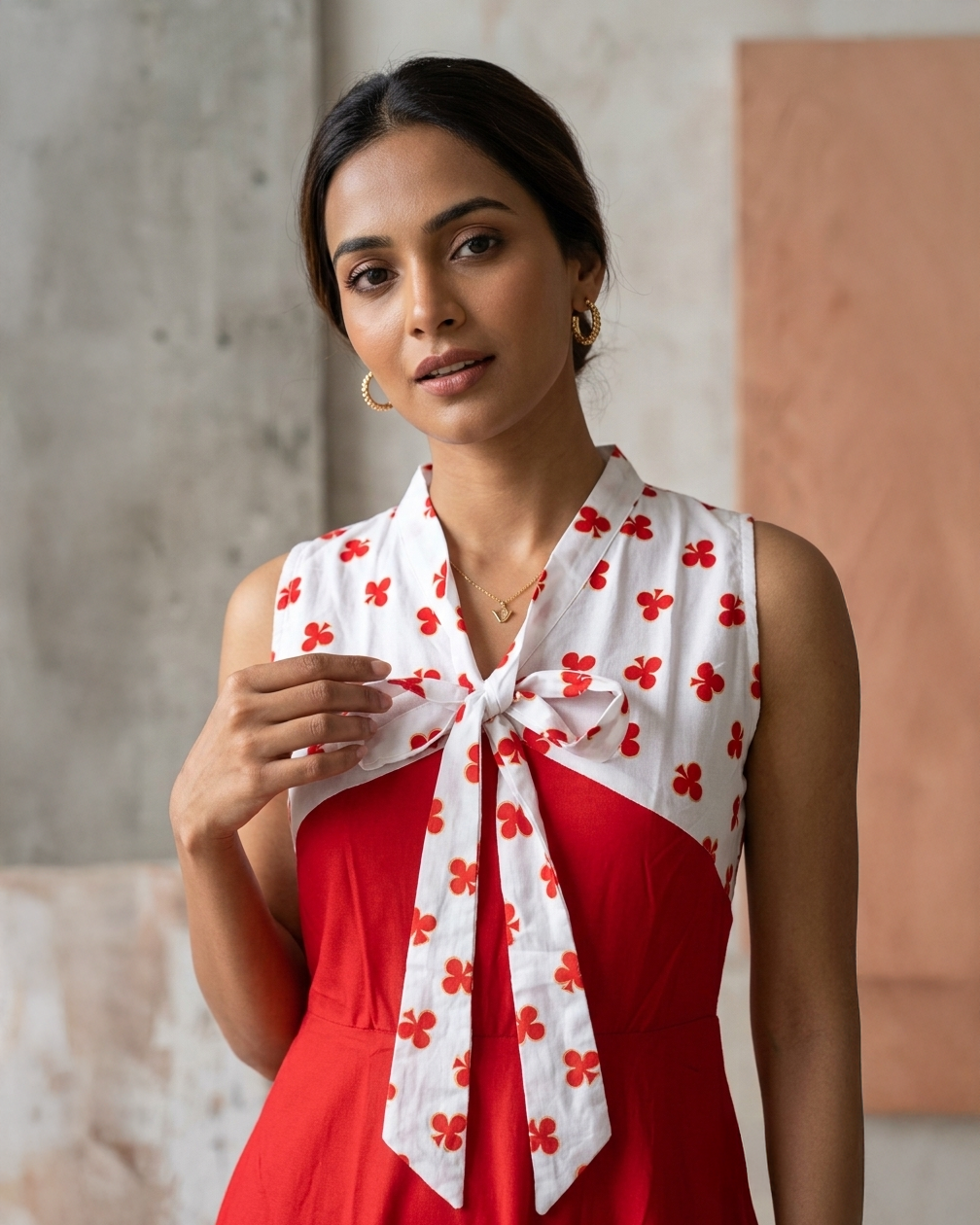 Clubs Print Cotton & Rayon Flared Tie-Neck Maxi Dress