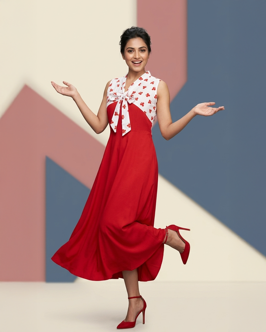 Clubs Print Cotton & Rayon Flared Tie-Neck Maxi Dress