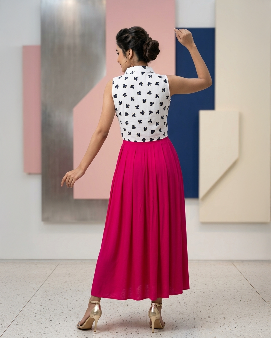 Clubs Print Cotton & Rayon Flared Tie-Neck Maxi Dress