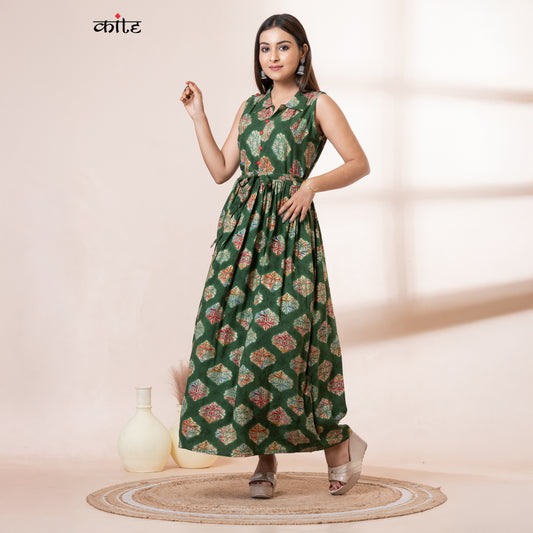 Kite Styles Green Rayon Maxi Gown with Shirt Collar