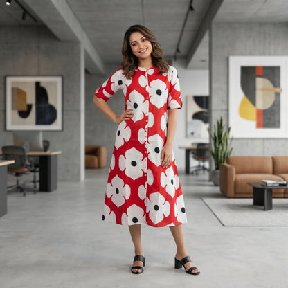 Kite styles Red and White Floral Print Cotton Kurti Dress.