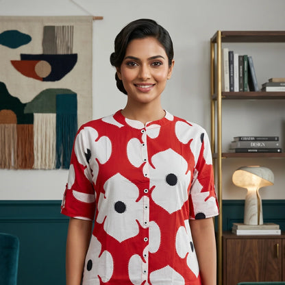 Kite styles Red and White Floral Print Cotton Kurti Dress.