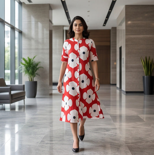 Red and White Floral Print Cotton Kurti Dress.