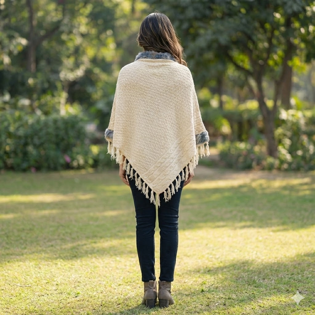 Luxe Cream White Knitted Poncho with Faux Fur & Tassels