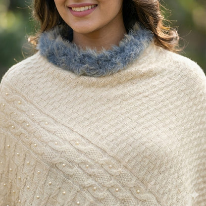 Luxe Cream White Knitted Poncho with Faux Fur & Tassels