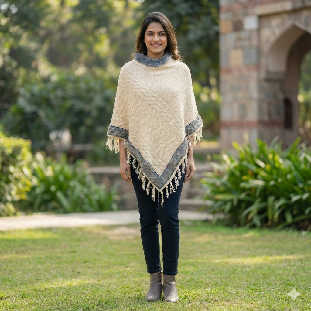 Luxe Cream White Knitted Poncho with Faux Fur & Tassels