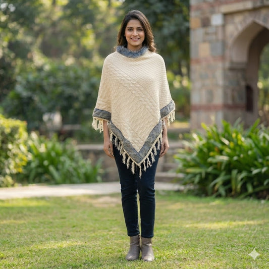 Luxe Cream White Knitted Poncho with Faux Fur & Tassels