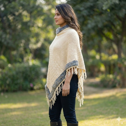 Luxe Cream White Knitted Poncho with Faux Fur & Tassels