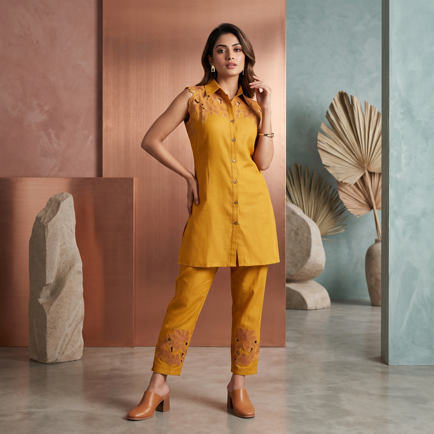 Meher Mustard Cutwork Co-ord Set