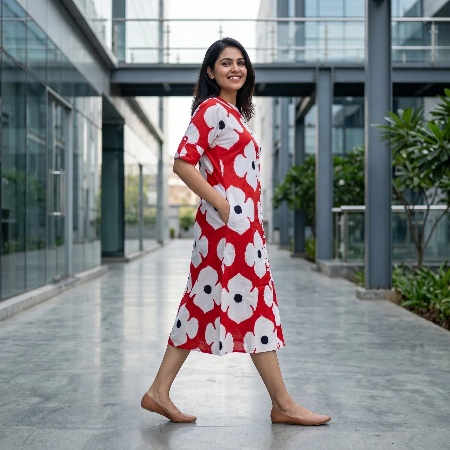 Kite styles Red and White Floral Print Cotton Kurti Dress.