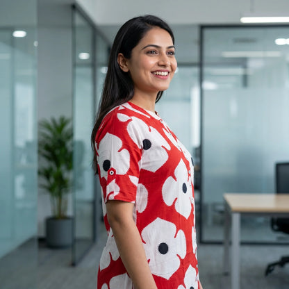 Kite styles Red and White Floral Print Cotton Kurti Dress.
