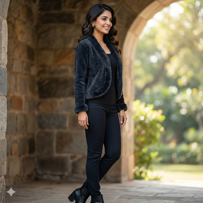 Luxe Black Faux Fur Cropped Jacket – Women’s Formal Winter Wear