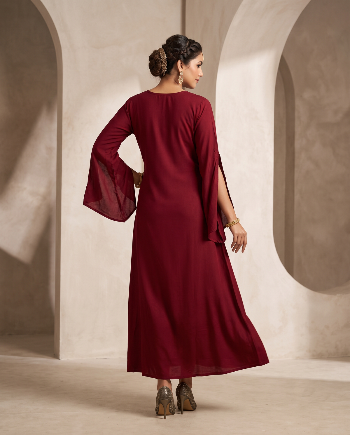 Gold Embroidered Wrinkle Rayon Slit Bell Sleeve Maxi Gown