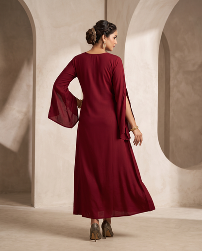 Gold Embroidered Wrinkle Rayon Slit Bell Sleeve Maxi Gown