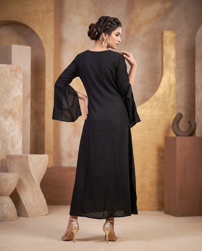 Gold Embroidered Wrinkle Rayon Slit Bell Sleeve Maxi Gown