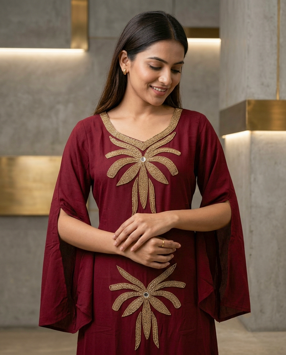 Gold Embroidered Wrinkle Rayon Slit Bell Sleeve Maxi Gown