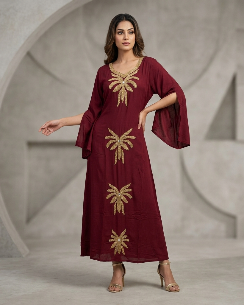 Gold Embroidered Wrinkle Rayon Slit Bell Sleeve Maxi Gown