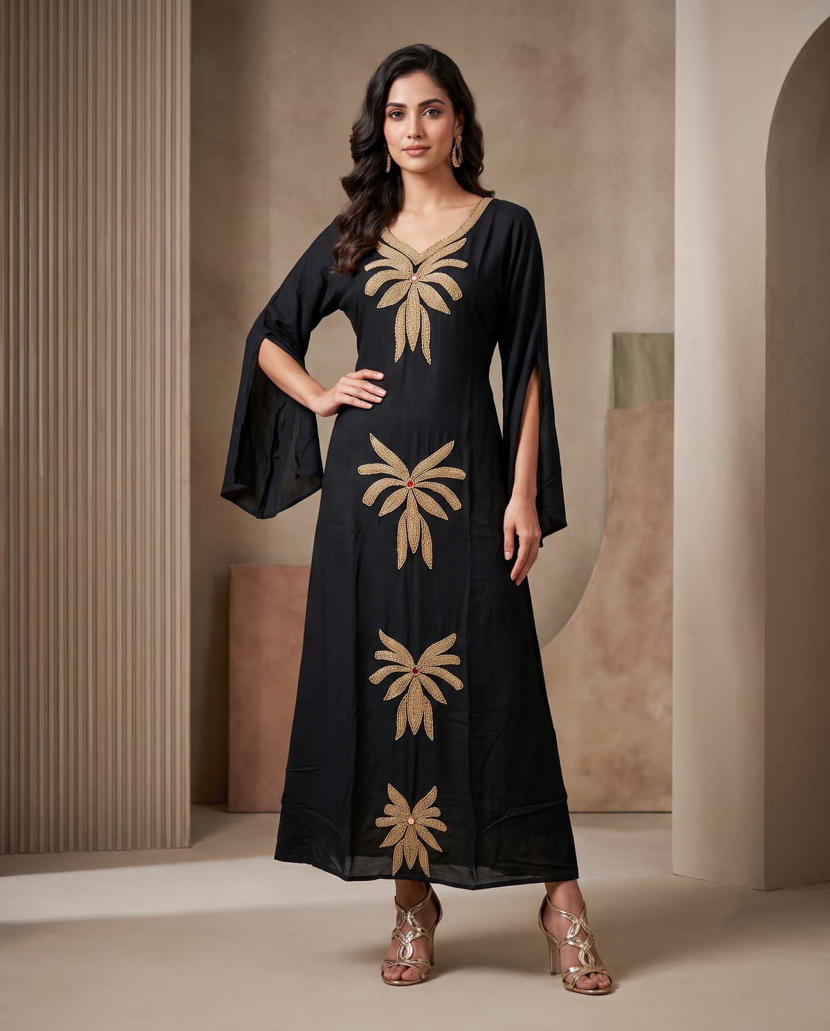 Gold Embroidered Wrinkle Rayon Slit Bell Sleeve Maxi Gown