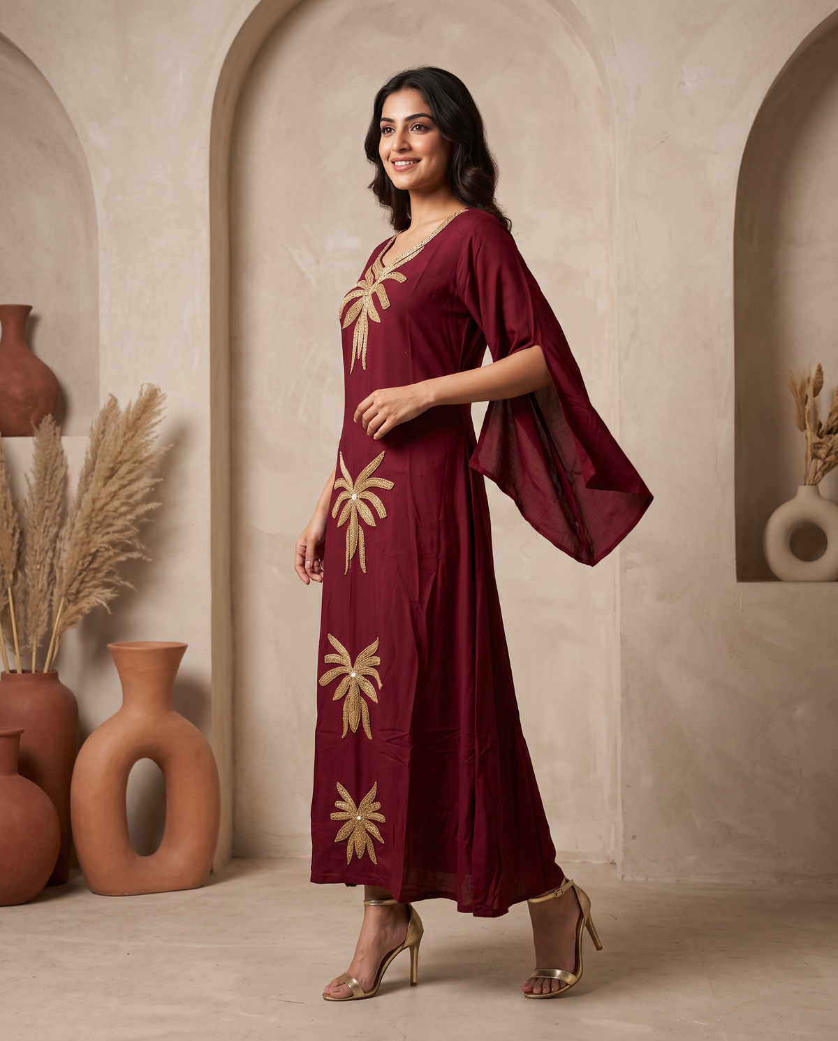 Gold Embroidered Wrinkle Rayon Slit Bell Sleeve Maxi Gown