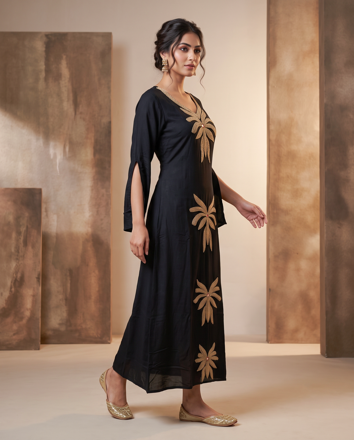 Gold Embroidered Wrinkle Rayon Slit Bell Sleeve Maxi Gown