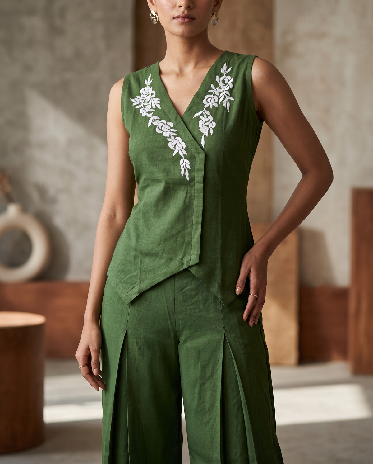 Khadi Cotton Embroidered Vest and Pleated Palazzo Co-ord Set