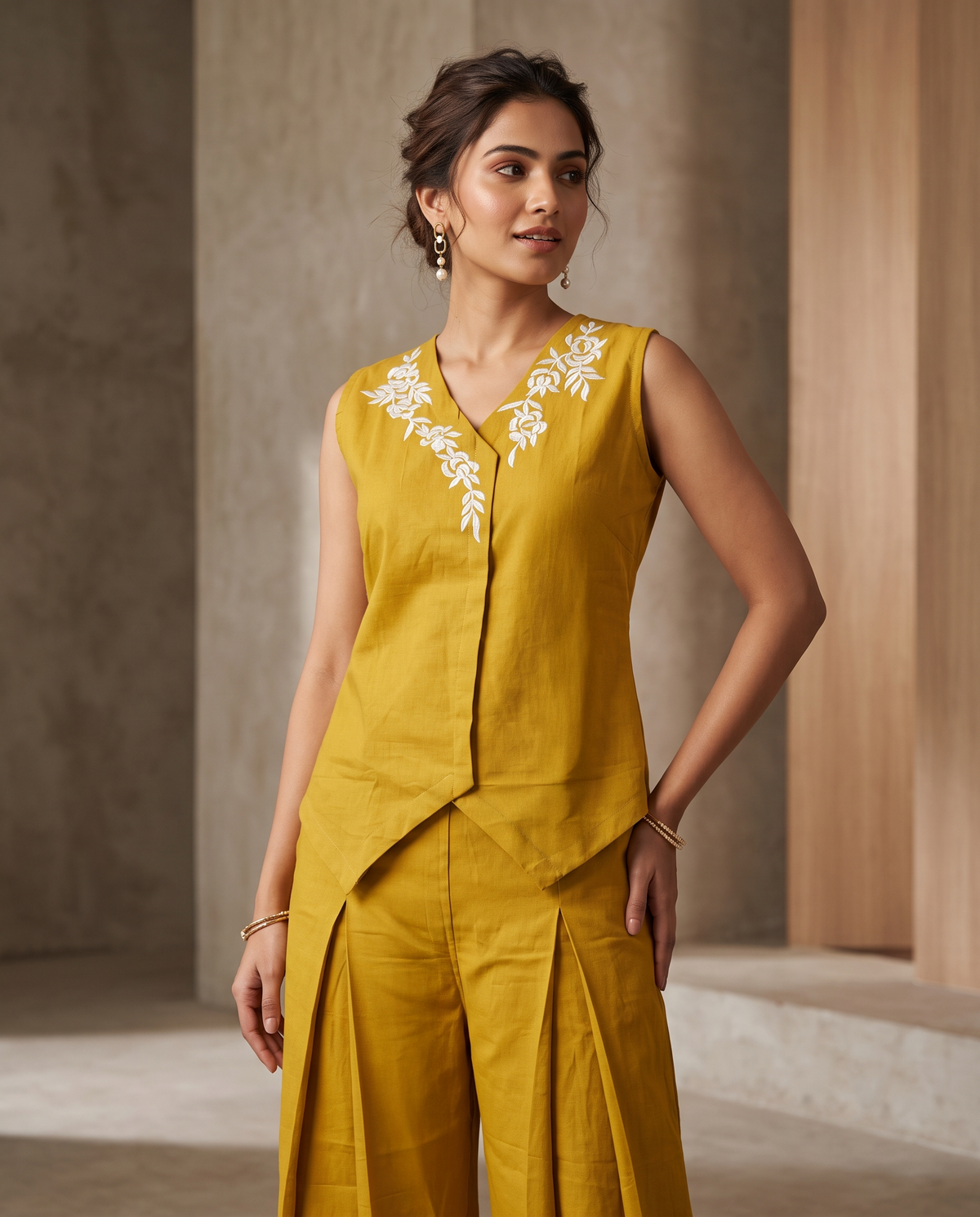 Khadi Cotton Embroidered Vest and Pleated Palazzo Co-ord Set