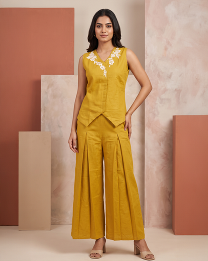 Khadi Cotton Embroidered Vest and Pleated Palazzo Co-ord Set