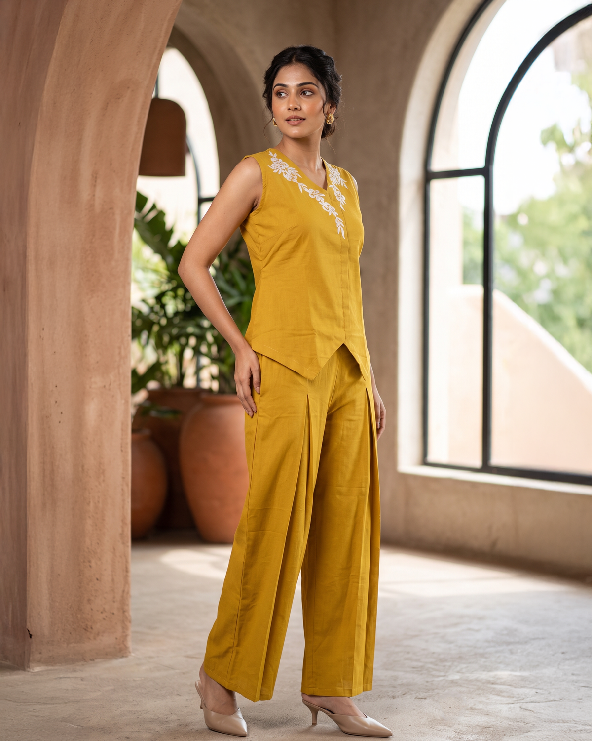 Khadi Cotton Embroidered Vest and Pleated Palazzo Co-ord Set