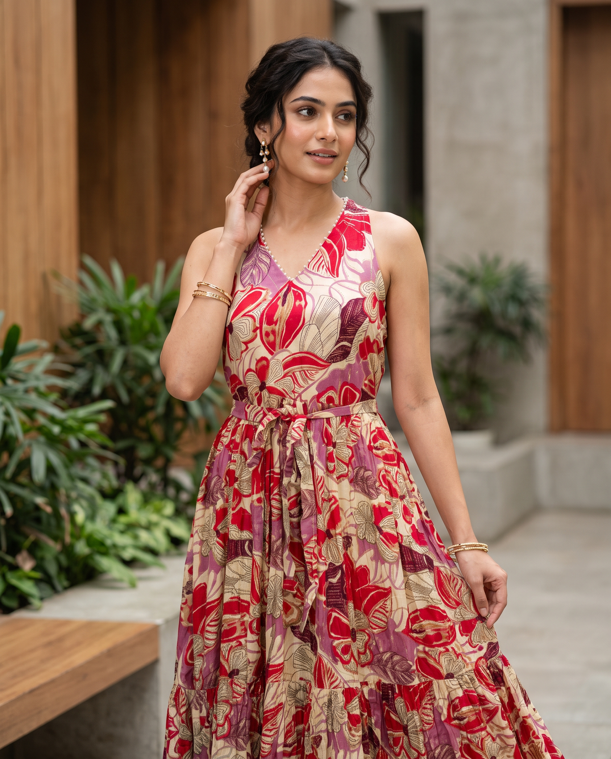 Floral Print Rayon Pearl Work Halter Neck Tiered Maxi Gown