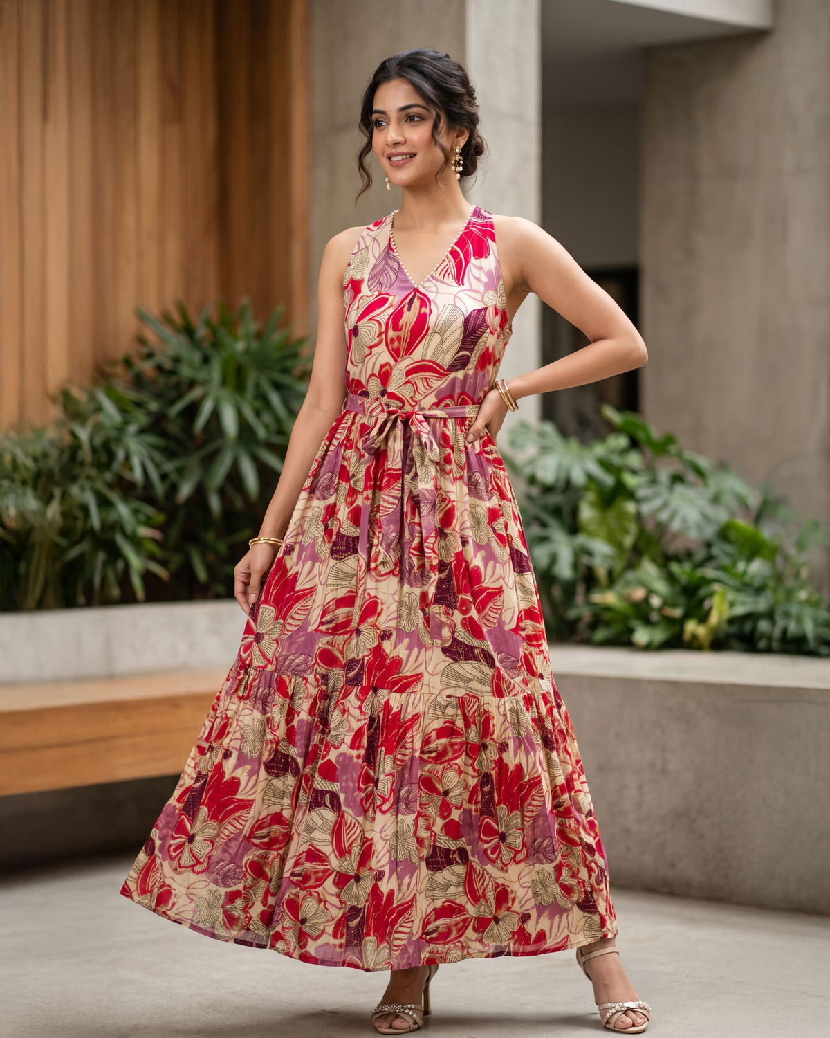 Floral Print Rayon Pearl Work Halter Neck Tiered Maxi Gown