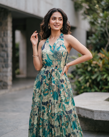 Floral Print Rayon Pearl Work Halter Neck Tiered Maxi Gown