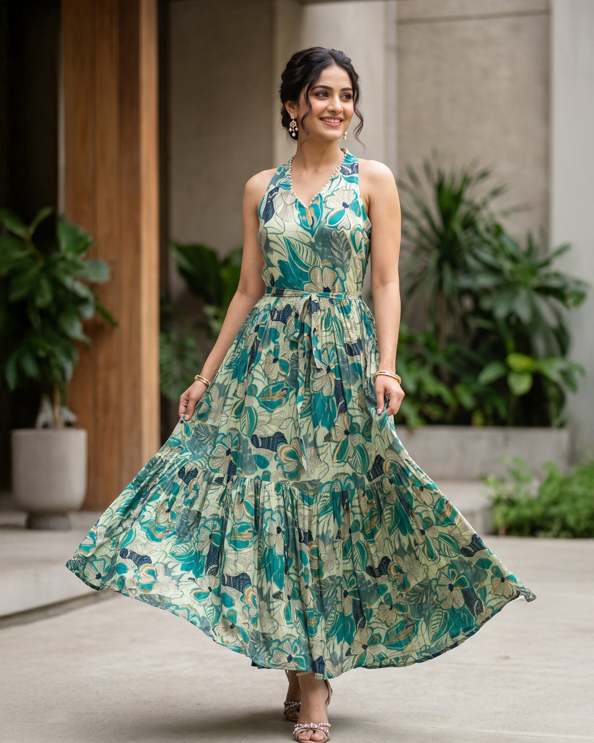 Floral Print Rayon Pearl Work Halter Neck Tiered Maxi Gown